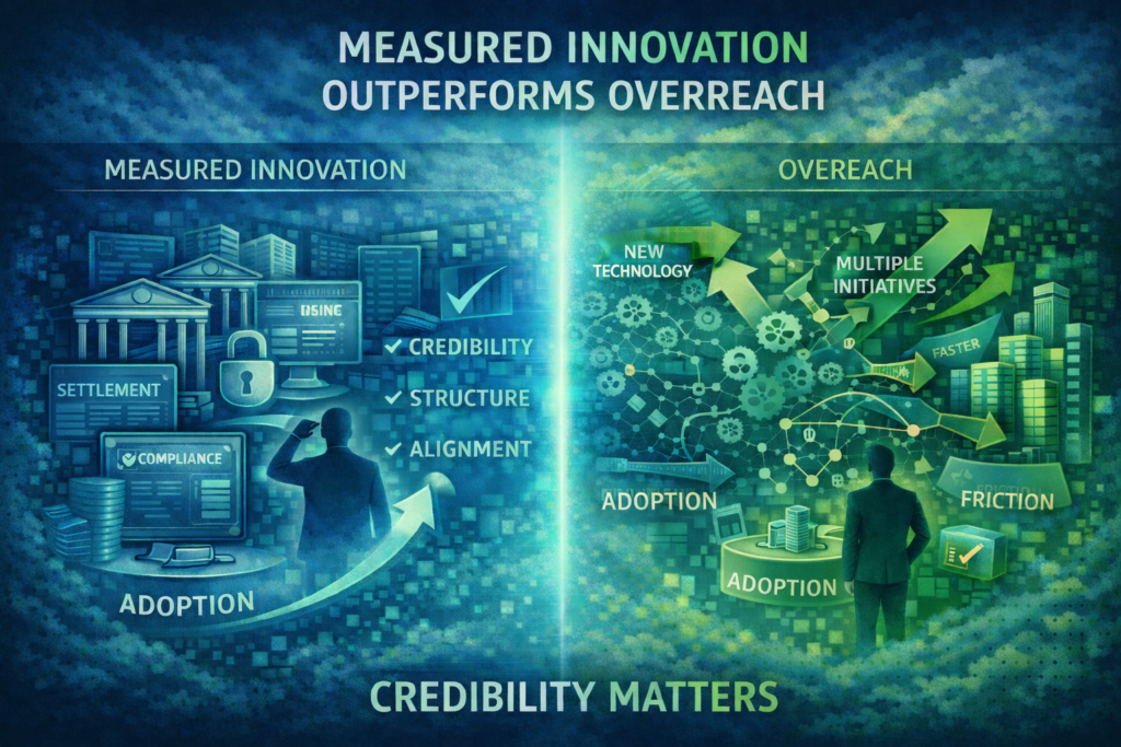 Infographic titled “Measured Innovation Outperforms Overreach,” contrasting a structured, disciplined approach to innovation with chaotic, aggressive expansion, emphasizing credibility, alignment, and sustainable adoption.