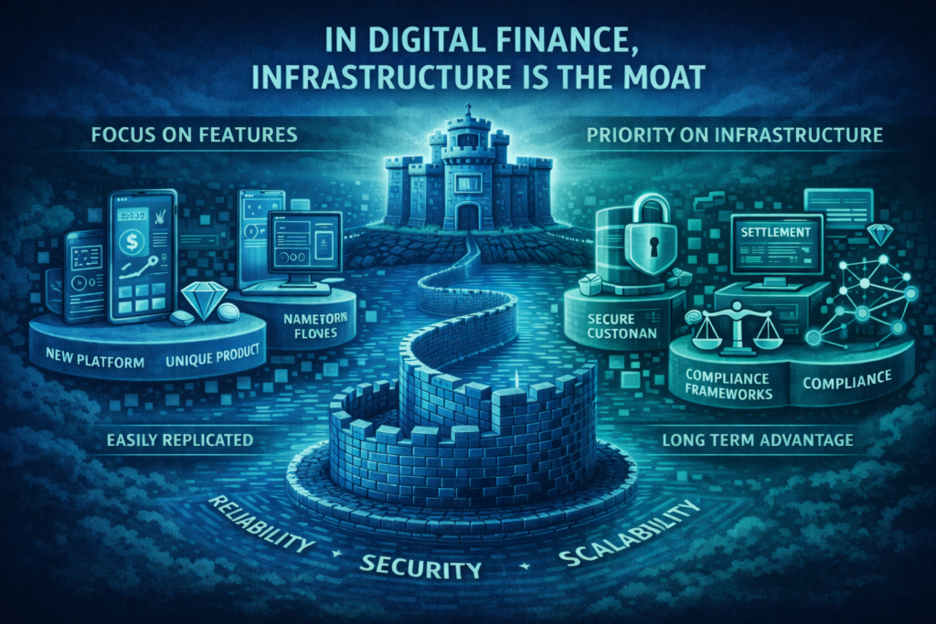 Infographic titled “In Digital Finance, Infrastructure Is the Moat,” contrasting short-term product features with long-term infrastructure such as custody, settlement, compliance, and scalability.