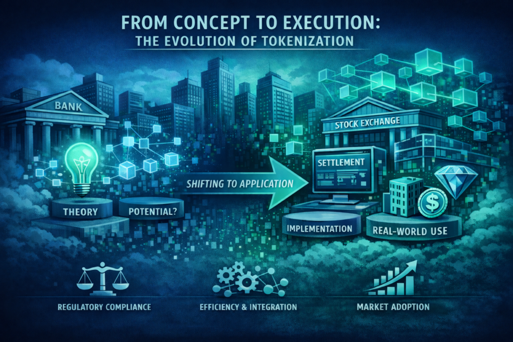 Infographic titled “From Concept to Execution: The Evolution of Tokenization,” illustrating the transition from theoretical blockchain concepts to real-world financial applications, including implementation, settlement, regulatory compliance, and market adoption.